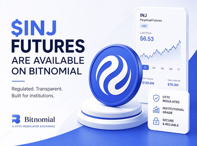 The image features a poster for Bitcoin that highlights the availability of Injective $INJ futures, which are regulated and can be bought through Bitominal's exchange platform. The poster also includes a phone number and website address for more information about the trading platform.