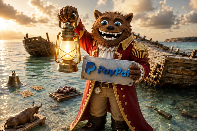 A grinning werewolf in an ornate red naval coat holds a glowing lantern and a metal plaque reading "PayPal" amid a shipwreck scene, symbolizing the discovery of an underestimated treasure. The imagery metaphorically reinforces the post's theme of the author "uncovering" $PYPL as a hidden opportunity after selling $XRP, with the lantern lighting the path to a strategic pivot.