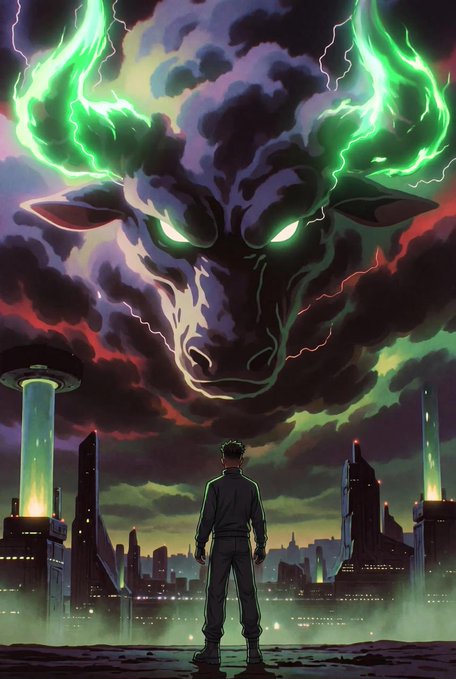 A lone figure stands silhouetted against a futuristic cityscape as a massive, demonic bull with glowing green eyes and lightning-bolt horns emerges from the stormy sky, symbolizing the powerful and untamed rise of the $ANSEM crypto token. The image's bullish imagery of raw, unstoppable energy ties into the "roll call" call-out for the $ANSEM community rally.