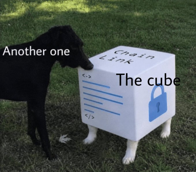 Meme image showing a black dog labeled 'Another one' sniffing a white cube labeled 'The cube' with 'Chain Link' written on top and a padlock icon, referencing the DJ Khaled 'Another One' meme applied to Chainlink cryptocurrency.