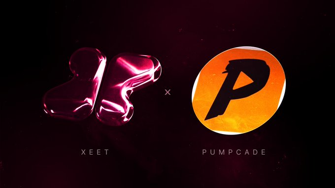 The image shows a collaboration between XEET and PUMPCADE for their "Cade Cup" tournament, offering participants a chance to win prizes and rewards. The visual features theXEET logo alongside the PUMPCADE logo.