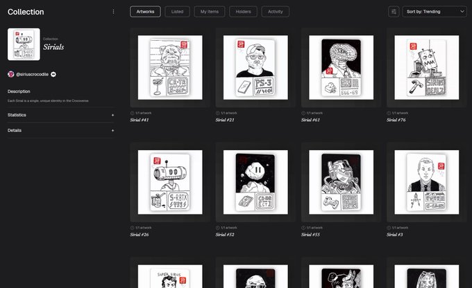 A screenshot of a digital art collection page titled 'Sirials' by artist 'darkroomcookie', displaying various black-and-white sketch artworks including 'Sirial #41', '#31', '#61', and '#76'.
