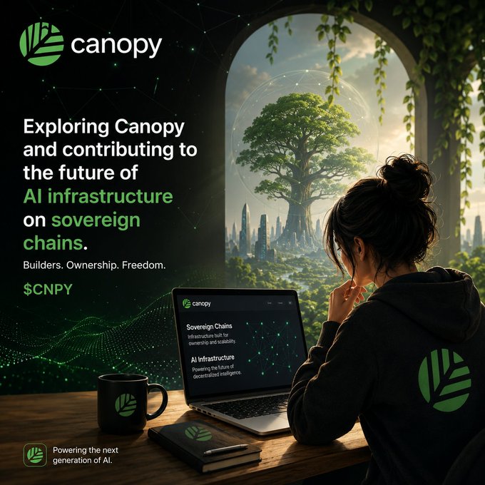 A promotional image for Canopy ($CNPY) reading 'Exploring Canopy and contributing to the future of AI infrastructure on sovereign chains,' showing a person viewing a laptop displaying Sovereign Chains and AI Infrastructure details.