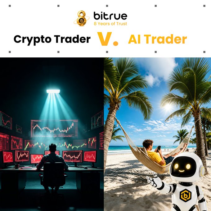 A side-by-side comparison shows a human crypto trader in a dark, screen-filled workspace on the left versus an AI trader as a robot relaxing in a hammock on a sunny beach on the right, under the Bitrue banner promoting "Crypto Trader V. AI Trader." The imagery playfully suggests the AI trader enjoys leisure while the human trader remains stressed, tying into the post's question about who wins between AI and human traders.