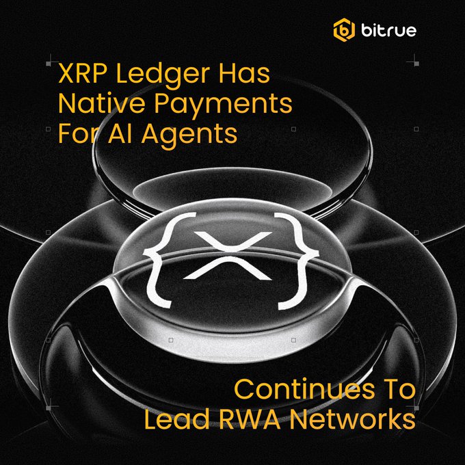 The image features a black background with a white logo that reads "XRP Ledger has native payments for AI agents". The text also mentions that the XRP Ledger is now turned on native payments, which means that it supports native payments for AI agents. This update allows AI agents to settle directly onchain using Ripple's native token, Ripple XRPL. The post highlights how this new feature can lead RWA networks with $1.9B in net inflows over the past.