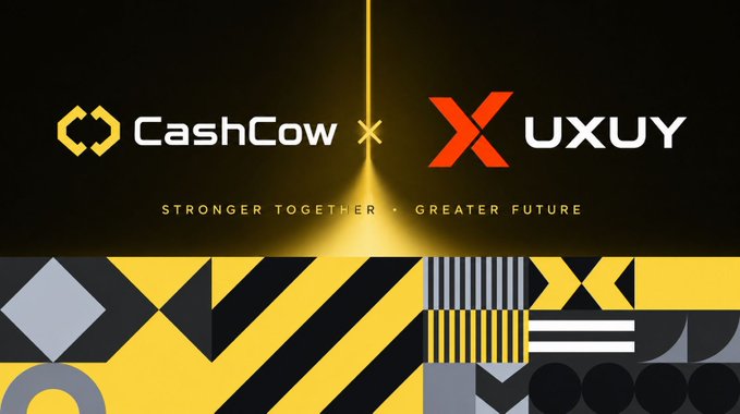 A promotional banner displays the logos for 'CashCow' and 'UXUY' side-by-side with an 'X' between them, featuring the tagline 'STRONGER TOGETHER · GREATER FUTURE' against a dark background with geometric patterns.