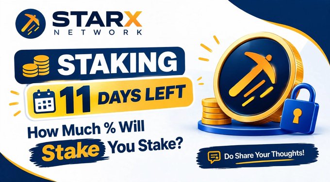 A promotional graphic for 'STARX NETWORK' featuring staking information, '11 DAYS LEFT', coins, and a padlock icon, asking 'How Much % Will Stake You Stake?'