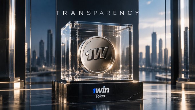 A silver coin embossed with "1W" sits inside a transparent glass cube atop a black marble base labeled "1win Token," with the word "TRANSPARENCY" displayed prominently above. The clear glass enclosure and on-chain emphasis visually reinforce the post's message that 1win Token's value comes from verifiable, transparent business activity.