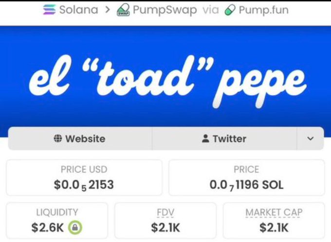 Screenshot of a PumpSwap/Pump.fun token page for "el toad pepe" on Solana showing a $2.1K market cap and $2.6K liquidity, used to back the claim of an early $TOAD call at a $2K market cap. The post teases another 1000x gem following the same low-cap pattern.