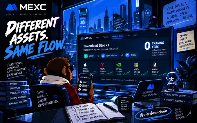 A vibrant promotional graphic for MEXC's "Tokenized Stocks" service features a character viewing a screen displaying tradeable stock tickers (AAPL, TSLA, NVDA, MSFT, AMZN) with prices and percentages, alongside bold text "DIFFERENT ASSETS. SAME FLOW." and "ONE WALLET. MORE MARKETS. A MORE OPEN FINANCIAL FUTURE." The image visually reinforces the caption's message by illustrating the convenience of accessing both crypto and traditional equities like Apple and Tesla through a single, integrated platform, eliminating the need for separate brokerage accounts.