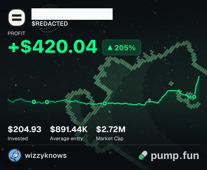 A screenshot from pump.fun showing a trading profit of +$420.04 (▲205%) with $204.93 invested, $891.44K average entry, and a $2.72M market cap for the user 'wizzyknows'.