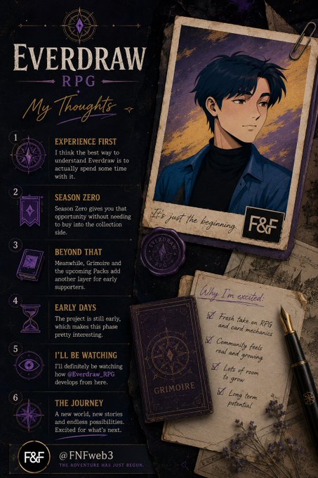 A promotional graphic for 'Everdraw RPG' featuring an anime-style character, numbered points about the project, and notes labeled 'Why I'm excited' with an F&F logo.