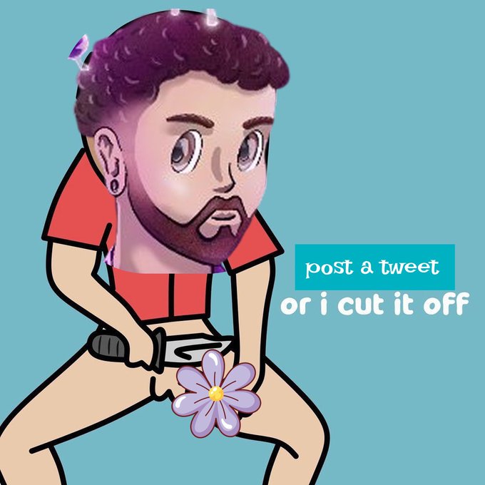 A cartoon man with a beard and purple hair brandishes a sword at a flower, with text reading "post a tweet or i cut it off," humorously exaggerating the poster's excitement and urgency for Solana Summit speaker announcements.