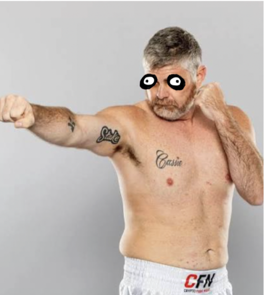 A shirtless, bearded man throws a boxing pose with googly eyes superimposed over his face, with "CFN" visible on his shorts, humorously illustrating the post's message of staying positive and embracing a carefree, "we're all going to make it" mindset.