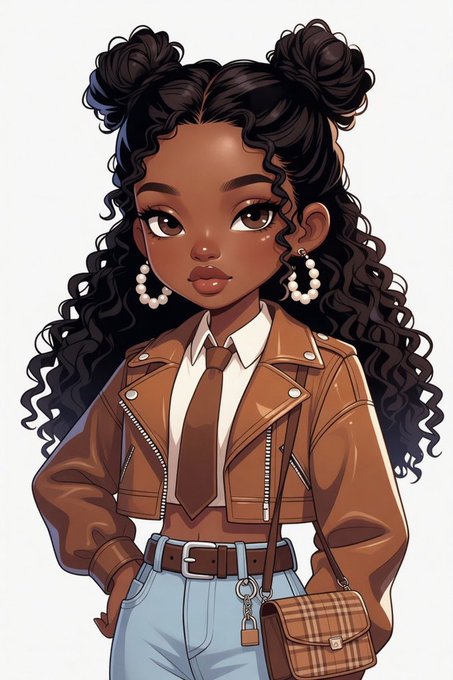 A cartoon-style illustration of a woman with curly hair styled in double buns, wearing pearl earrings, a brown leather jacket, a white shirt with a brown tie, light blue jeans, and a brown plaid purse.