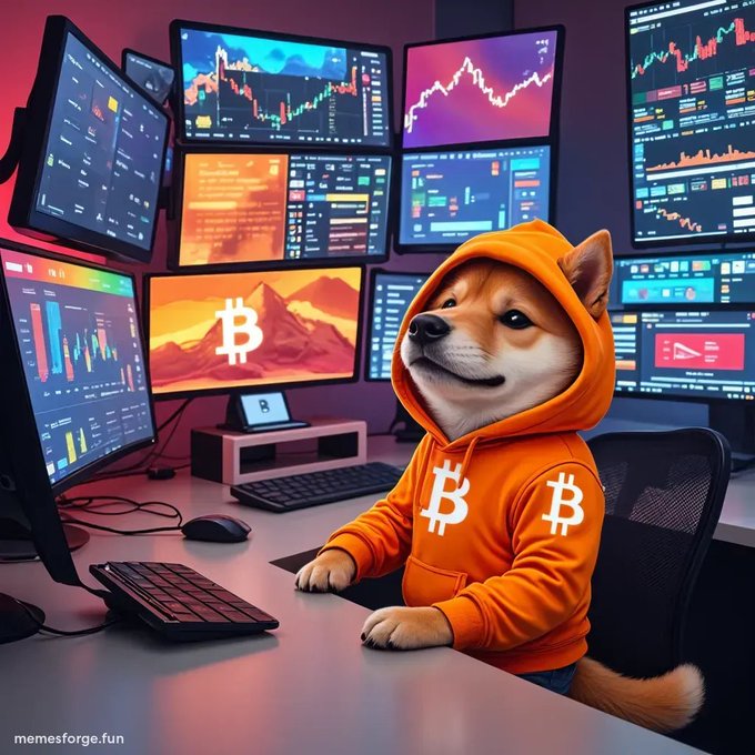 A digital illustration of a Shiba Inu wearing an orange Bitcoin hoodie sitting at a trading desk surrounded by multiple monitors displaying crypto charts and candlestick graphs, watermarked 'memesforge.fun'.