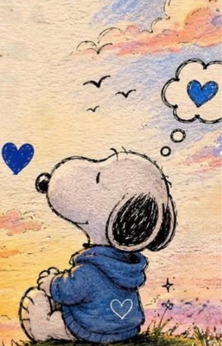 A watercolor-style illustration of Snoopy sitting on grass, gazing up at a colorful sunset sky with birds and clouds, while a thought bubble containing a blue heart appears above him and another blue heart floats to his side.
