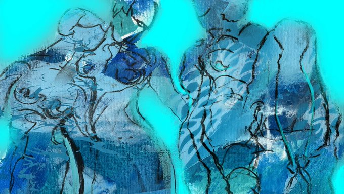 An abstract painting featuring two blue figure-like forms with black crack-like lines against a bright cyan background.