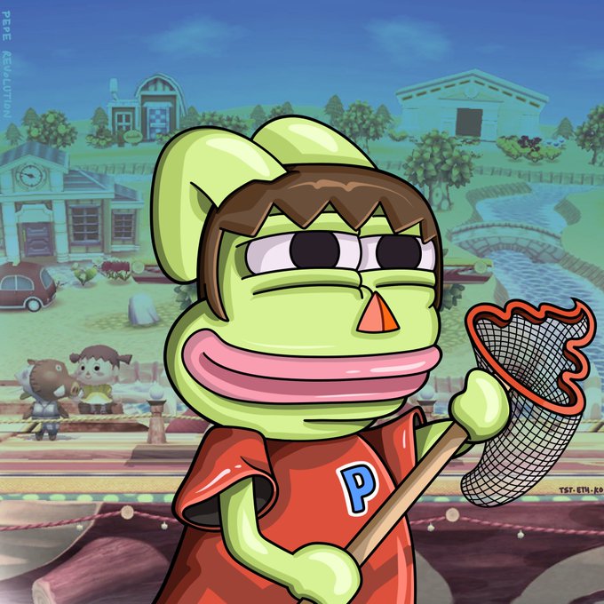 A stylized green cartoon frog-like character with brown hair, wearing a red shirt with a 'P', holds a butterfly net in front of a colorful game-style village backdrop.