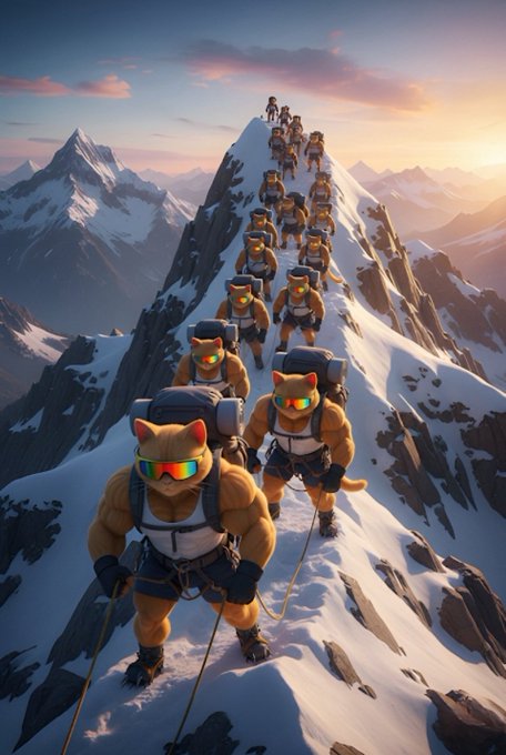 A line of muscular anthropomorphic cats wearing reflective sunglasses and backpacks climbs a snowy mountain ridge in single file at sunset.
