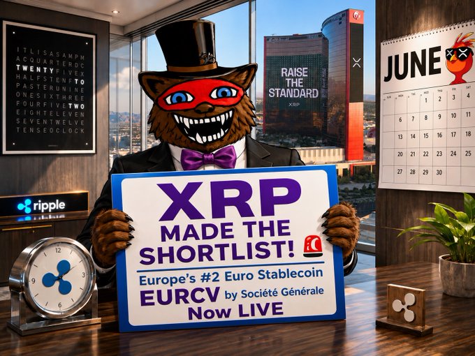 The image features a cartoon cat wearing a top hat holding up a sign that says "XRP Made the Shortlist!". The cat appears to be standing behind a desk, which has an office clock and a potted plant nearby. The background of the image shows a city skyline with tall buildings, suggesting that this scene takes place in Europe.