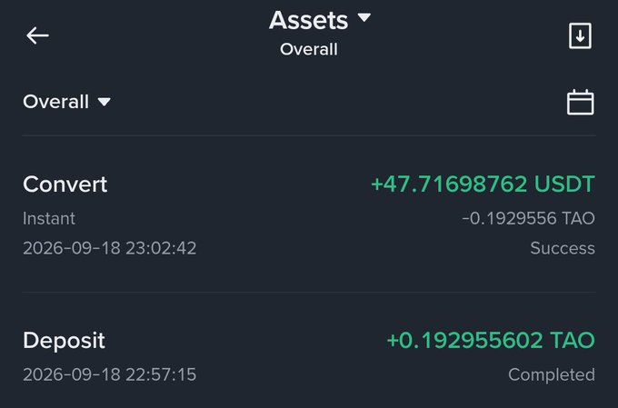 The image shows a crypto wallet transaction history displaying two completed entries: a successful Convert of 0.1929556 TAO into +47.71698762 USDT and a Deposit of +0.192955602 TAO, both timestamped on 2026-09-18. The post celebrates receiving a small token reward ("stimmy") from @Stitch3_ai, which aligns with the recent TAO deposit shown in the screenshot.