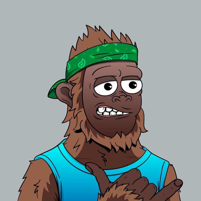 A cartoon, brown, furry ape‑like character sports a green bandana and a blue tank top while making a confident hand gesture. The image serves as a mascot for a brand that aims to include athletes and everyday people in its community.