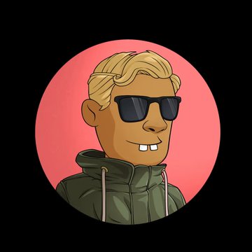 A cartoon avatar of a blonde man wearing sunglasses and a green hoodie, set against a red circular background.