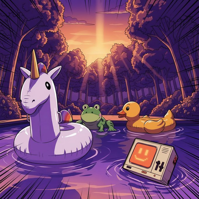 A whimsical illustration shows a unicorn pool float, a frog, and a rubber duck floating in a purple pool surrounded by a twilight forest, with a retro computer displaying the number "14" and a smiley face. The scene playfully matches the post's excitement about the $POOLBOT launch on pools.fun, blending the literal "pool" theme with bullish crypto enthusiasm.