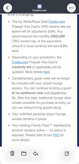 The image shows a Crypto.com notification detailing multiple downgrades to the Icy White/Rose Gold and Obsidian Prepaid Visa Card, including a CRO reward cap reduction to 0.5% beyond US$3,000/month, upcoming inactivity fees, the elimination of complimentary airport lounge guest passes, and changes to Priority Pass™ membership—reinforcing the post's criticism of Crypto.com (@crypto.com) downgrades affecting #crofam members.