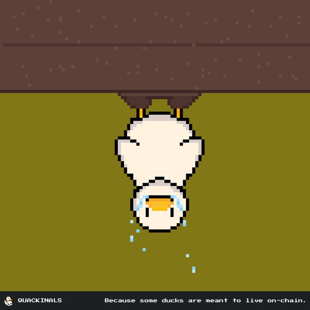 A pixel art image of a crying duckling hanging upside down, with the text 'QUACKINALS' and the caption 'Because some ducks are meant to live on-chain.'