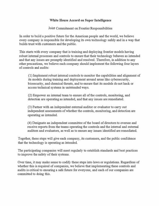The image shows a "White House Accord on Super Intelligence" document from a Joint Commitment on Frontier Responsibilities, outlining four layers of controls and audits companies should implement to ensure AI frontier model safety. This directly relates to the "$SI" super intelligent statement post by presenting a formal industry commitment to safe AI development.