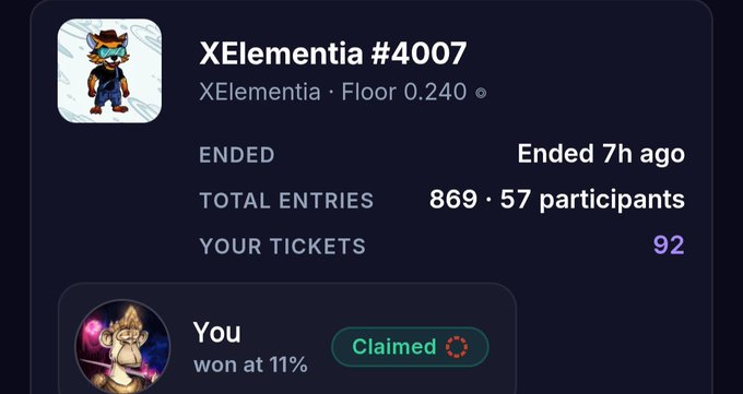 A contest entry screen titled 'XElementia #4007' showing an ended event with 869 total entries from 57 participants, where the user held 92 tickets and won at 11% (marked Claimed).