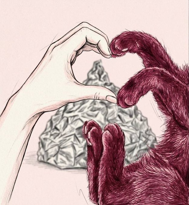 An artistic illustration showing a human hand and a furry, deep red animal paw forming a heart shape together with a geometric rocky mountain in the background.