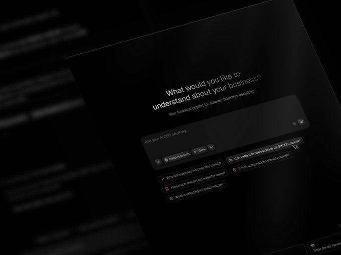 A dark-themed AI chatbot interface titled 'What would you like to understand about your business?' with the subtitle 'Your financial copilot for smarter business decisions' and prompt suggestions like 'Why did expenses increase this month?' and 'Can I afford to hire someone for $120,000/year?'.
