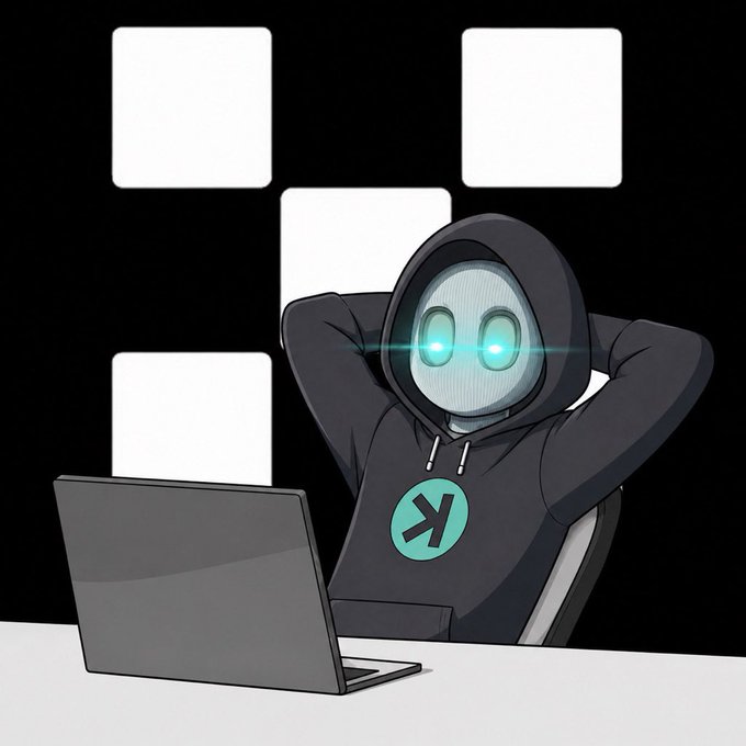 A hooded mascot with glowing cyan eyes and a teal "X" logo on its chest relaxes behind a laptop, evoking OKX's tech-savvy branding. The image complements the post by visually representing the platform's current welcome bonus offers for UAE and EU customers.