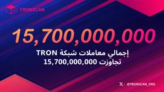 A TRON-branded promotional graphic displays "15,700,000,000" in bold orange text alongside Arabic script ("إجمالي معاملات شبكة ترون"), highlighting TRON's cumulative transaction milestone of 15.7 billion to emphasize the network's active real-world usage over competitors' marketing claims.