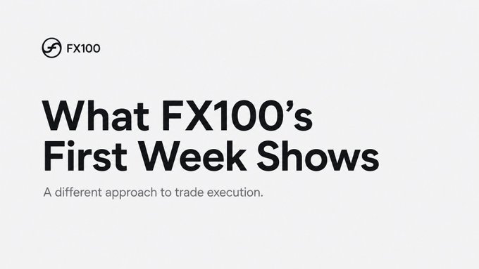 A clean white title slide with the FX100 logo and text 'What FX100's First Week Shows – A different approach to trade execution.'