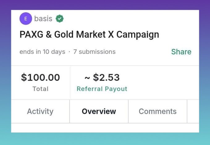 The image shows a screenshot of a social media app that displays information about a campaign for PAXG + Gold Market X. The main focus of the image is a summary of the campaign, which includes details such as the campaign name, the target audience, and the amount raised so far. There are also some comments on the post, suggesting that people have already engaged with or shared the content.