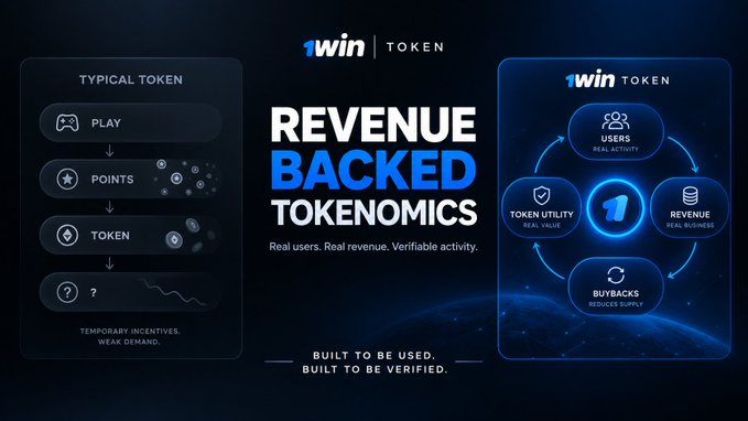 The image is a promotional graphic for "1win Token" highlighting "REVENUE BACKED TOKENOMICS," contrasting a "Typical Token" model that flows from Play → Points → Token → ?, with temporary incentives and weak demand, against the 1win Token model featuring a circular flow of Users (real activity), Token Utility (real value), Revenue (real business), and Buybacks (reduces supply), with the tagline "Real users. Real revenue. Verifiable activity" and "Built to be used. Built to be verified."