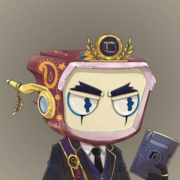 An illustration of a character with a retro TV set for a head, wearing a dark suit and holding a book, with an ornate gold emblem on top.