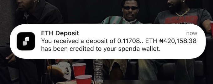 A MetaWin crypto casino deposit notification showing 0.11708 ETH (₦420,158.34) credited to a Spenda wallet, displayed over an image of casually dressed men. The post "MetaWin >>>>" highlights the platform where the ETH deposit was received.