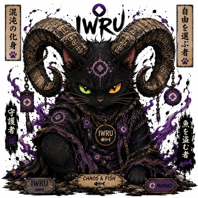 A dark fantasy illustration shows a black cat with glowing green and yellow eyes wearing ornate purple robes and large ram-like horns, surrounded by Japanese text and IWRU/Monad branding with 'CHAOS & FISH' labels.