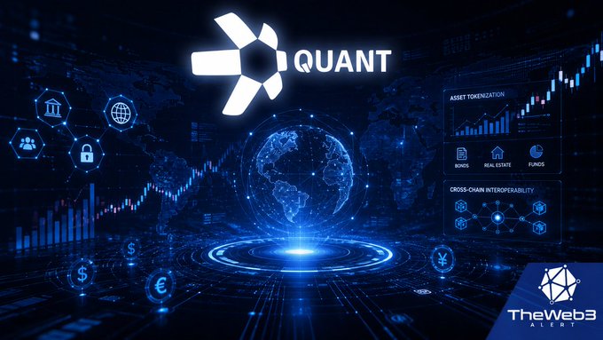 A futuristic digital graphic featuring the Quant ($QNT) logo prominently at the top, set against a backdrop of a glowing blue globe surrounded by financial charts, security icons, and data panels highlighting "Asset Tokenization" and "Cross-Chain Interoperability." The image visually reinforces the post's focus on Quant and its CEO Gilbert Verdian, emphasizing the platform's global, security-driven blockchain technology and its deep roots in cybersecurity, government, and finance.