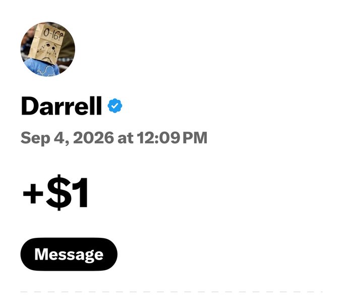 A social media profile for 'Darrell' dated Sep 4, 2026, with a message containing '+'$1' and a 'Message' button.