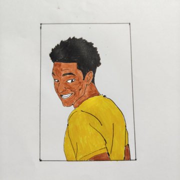 A hand-drawn colored pencil sketch portrait of a smiling young man with curly black hair, wearing a yellow shirt, shown in profile view.