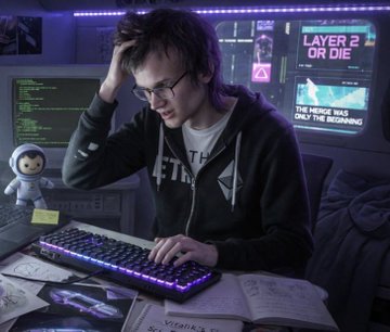 The image shows a man sitting at a desk with a keyboard in front of him. He has his head tilted back, suggesting he might be deep in thought or concentration while working on something related to the game "ETH" that he's playing. The image also includes a small stuffed animal and some books scattered around the room, indicating a casual and comfortable environment for the man as he works on his computer.