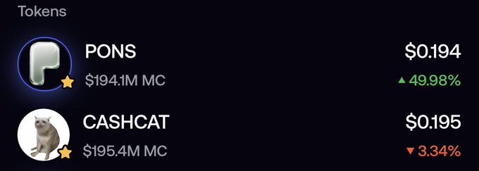 A crypto token tracker shows $PONS priced at $0.194 with a $194.1M market cap and a 49.98% gain, while $CASHCAT is priced at $0.195 with a $195.4M market cap and a 3.34% loss, illustrating the post's claim that the two meme coins are trading neck-and-neck and continuously flipping positions.