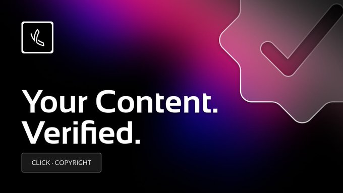 A graphic with a dark, neon pink and purple gradient background showing a stylized profile of a face with a checkmark, and the text 'Your Content. Verified.' with a 'CLICK COPYRIGHT' button below.