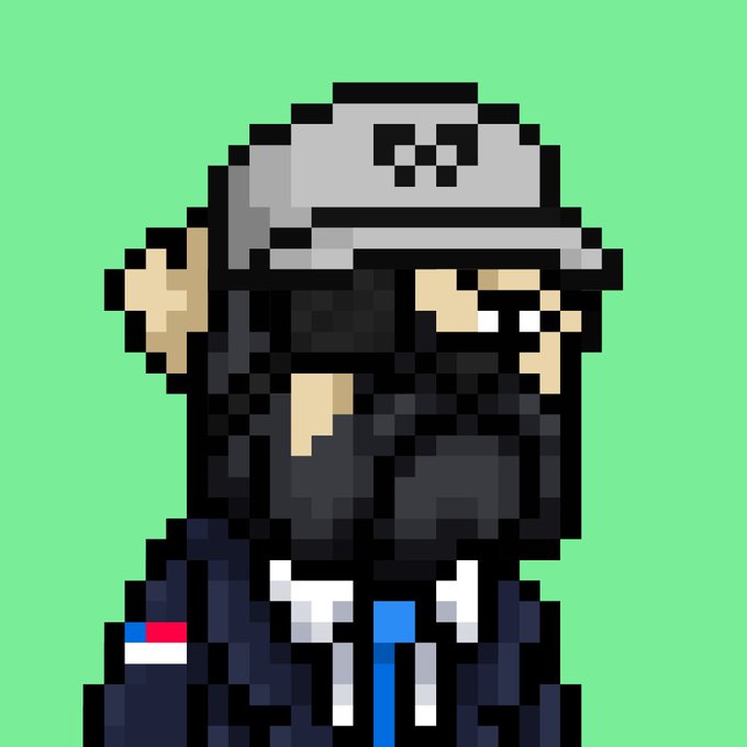 A pixel art image of a bearded figure wearing sunglasses and a baseball cap with a logo, dressed in a black outfit with a blue tie and a French flag pin, set against a green background.